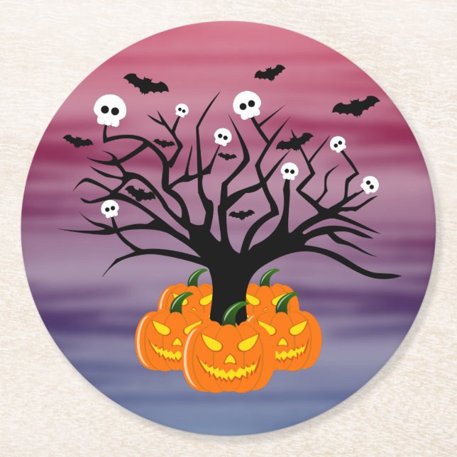 Halloween Pumpkin Jack o’ Lantern Dead Tree Round Paper Coaster (Front)