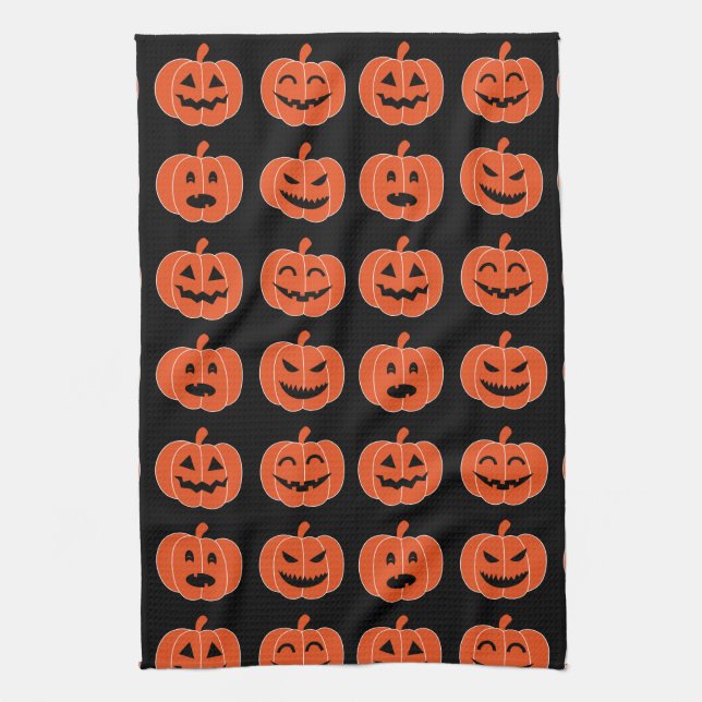 Halloween Pumpkin Jack-O-Lantern Spooky Black Tea Towel (Vertical)