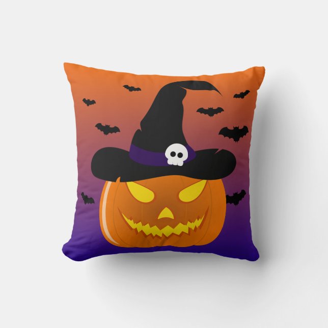 Halloween Pumpkin Jack o’ Lantern Witch Hat Cushion (Front)