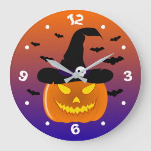 Halloween Pumpkin Jack o’ Lantern Witch Hat Large Clock