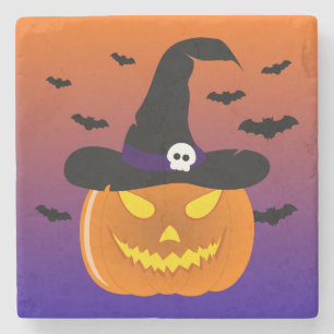 Halloween Pumpkin Jack o’ Lantern Witch Hat Stone Coaster