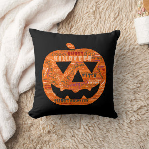 Halloween Pumpkin Jack-o'-Lantern Word Cloud Black Cushion