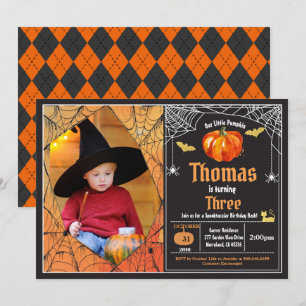 Halloween pumpkin kid birthday party photo invitation
