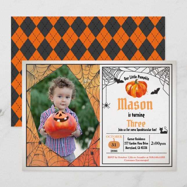 Halloween pumpkin kid birthday party photo invitation (Front/Back)