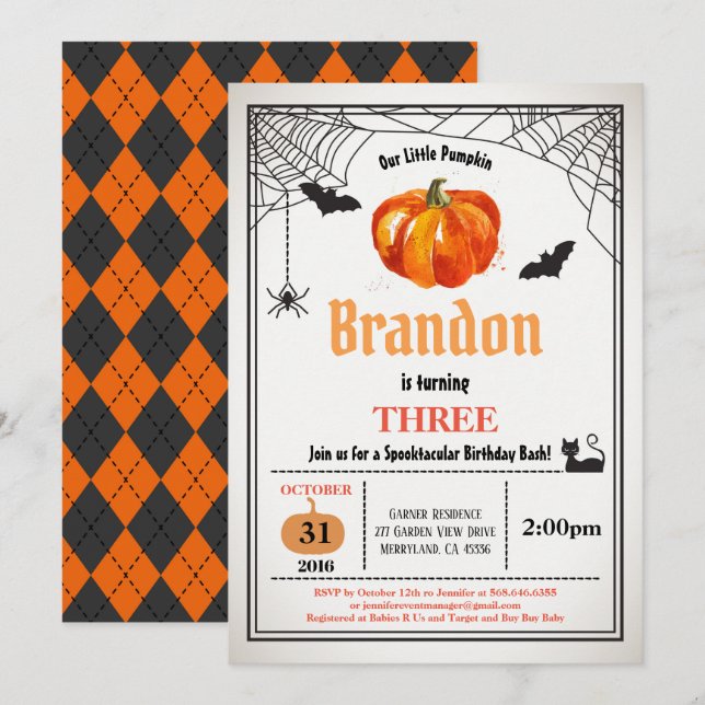 Halloween pumpkin kids birthday boy or girl invitation (Front/Back)