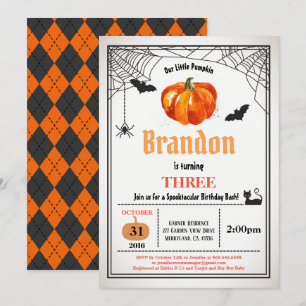Halloween pumpkin kids birthday boy or girl invitation
