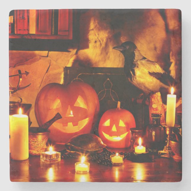 Halloween Pumpkin Lantern Stone Coaster (Front)