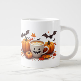 Halloween Pumpkin Latte With Bats And Autumn Leave Large Coffee Mug