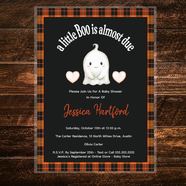 Halloween Pumpkin Little Boo Baby Shower  Invitation (Halloween Baby Shower - Little Boo with love hearts and orange black plaid border. Super cute!)