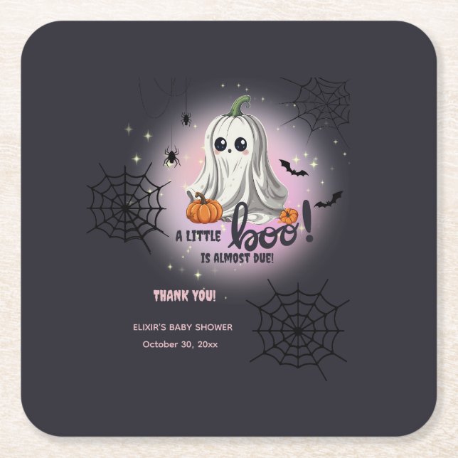 Halloween Pumpkin Little Boo Baby Shower Square Paper Coaster (Front)