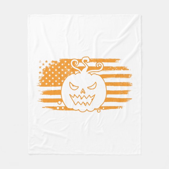 Halloween Pumpkin Monster USA Flag Fleece Blanket (Front)