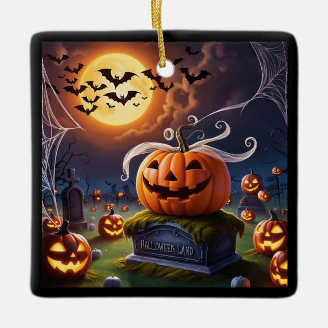 Halloween Pumpkin on a Headstone Ceramic Ornament (Front)