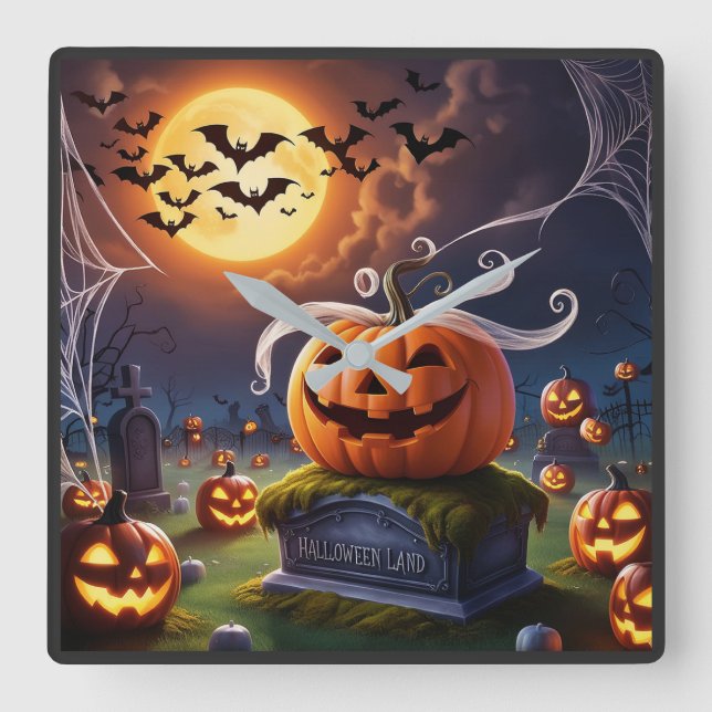 Halloween Pumpkin on a Headstone Square Wall Clock (Front)