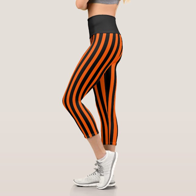 Halloween Pumpkin Orange and Black Stripe Capri Leggings (Left)
