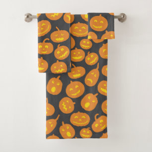 Halloween Pumpkin Orange Black Jack O'Lantern Bath Towel Set