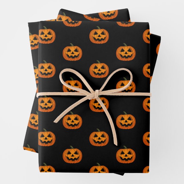 Halloween Pumpkin Pattern Black Wrapping Paper (In situ)