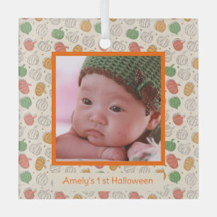 Halloween pumpkin pattern orange photo name glass tree decoration