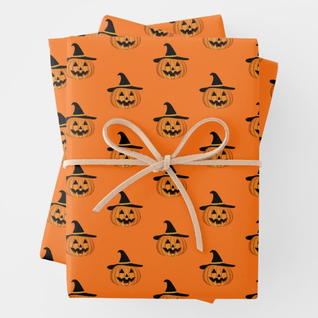 Halloween Pumpkin Pattern Orange Wrapping Paper (In situ)