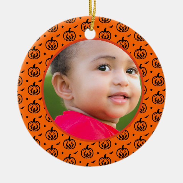 Halloween pumpkin pattern wishes orange photo ceramic tree decoration (Front)