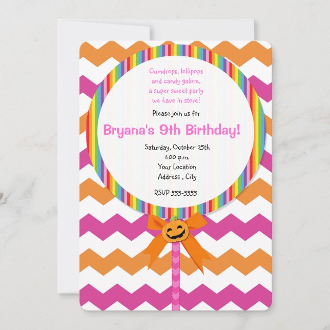 Halloween Pumpkin Pink Chevron Lollipop Invitation (Front)