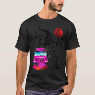Halloween Pumpkin Pink School Bus Witch With Black T-Shirt