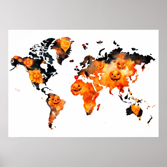 Halloween Pumpkin POD  Wall Art World Map Poster (Front)