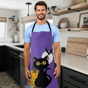 Halloween Pumpkin Purple Black Cat Apron