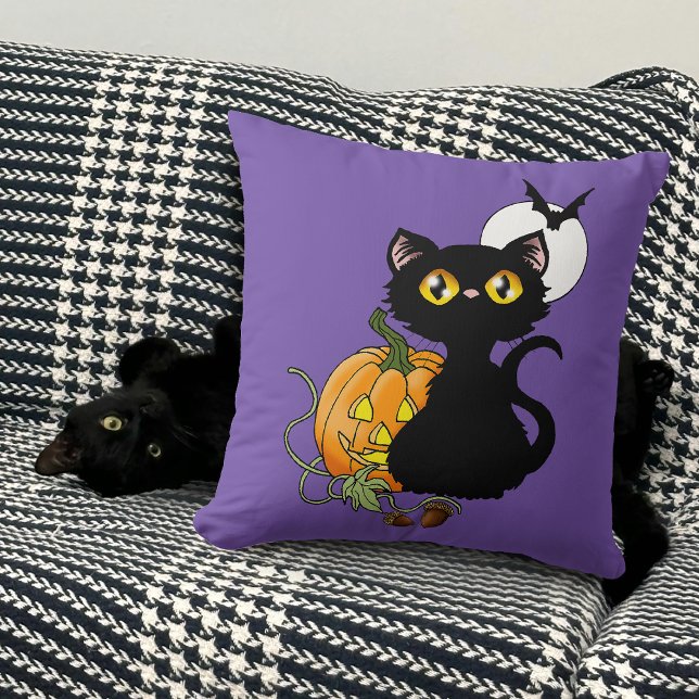 Halloween Pumpkin Purple Black Cat Cushion (Creator Uploaded)