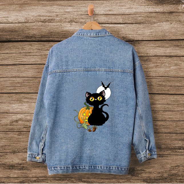 Halloween Pumpkin Purple Black Cat Denim Jacket (Creator Uploaded)