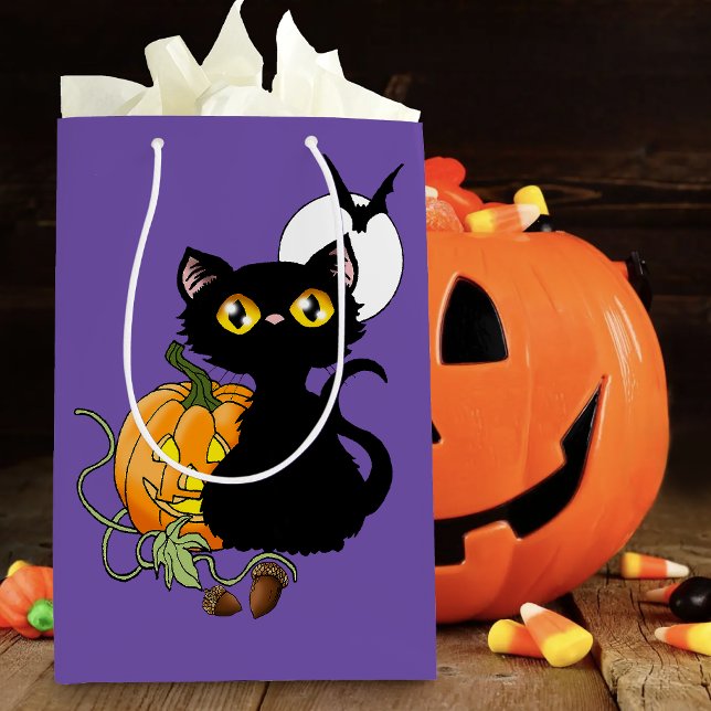 Halloween Pumpkin Purple Black Cat Medium Gift Bag (Creator Uploaded)
