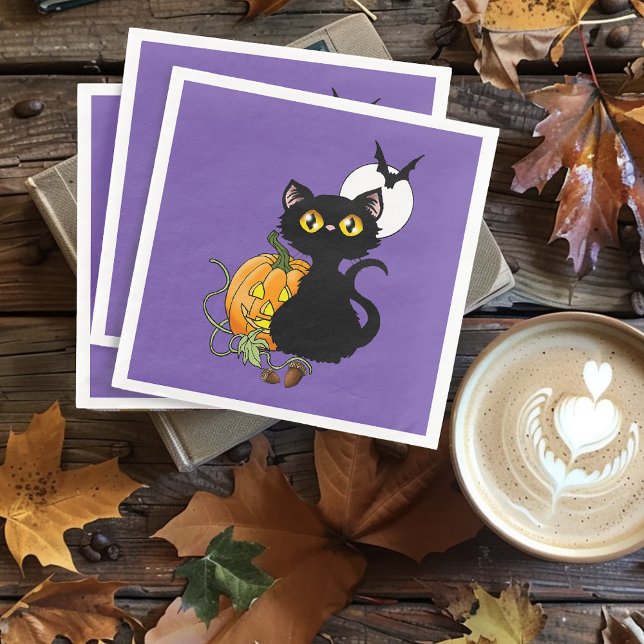 Halloween Pumpkin Purple Black Cat Napkin (Creator Uploaded)