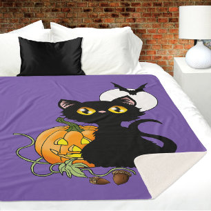 Halloween Pumpkin Purple Black Cat Sherpa Blanket