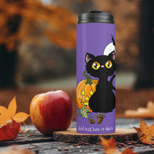 Halloween Pumpkin Purple Black Cat Thermal Tumbler