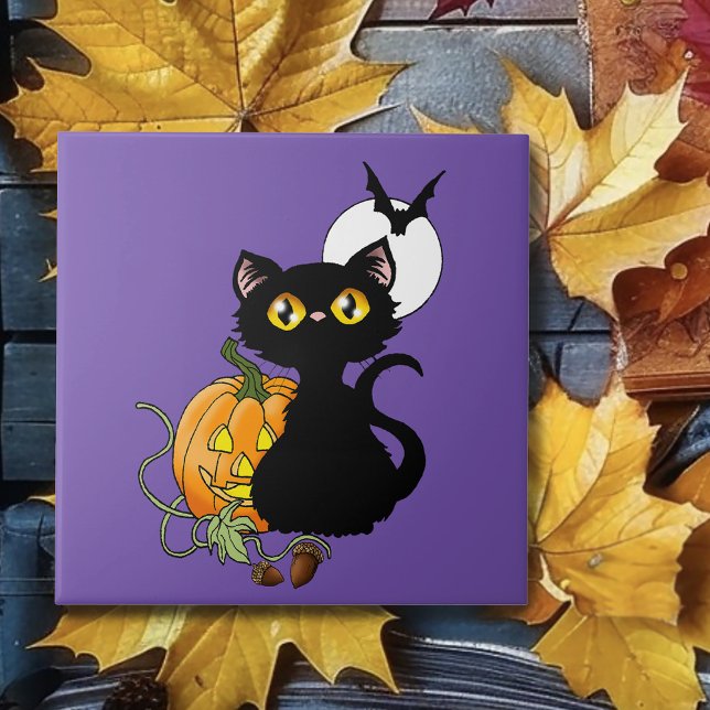 Halloween Pumpkin Purple Black Cat Tile (Creator Uploaded)