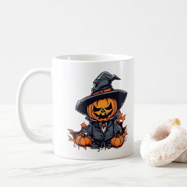 Halloween Pumpkin Scarecrow Adorable Fall Decor  Coffee Mug (With Donut)