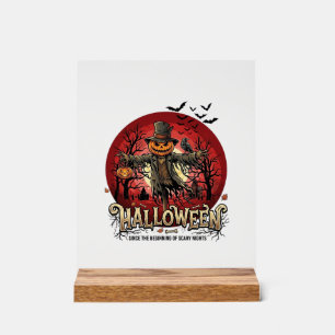 Halloween Pumpkin Scarecrow Raven Bats_1 Acrylic Sign