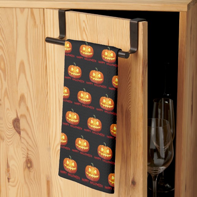 Halloween Pumpkin Scary Cute Pattern Orange Fall Tea Towel (Thirds Fold)