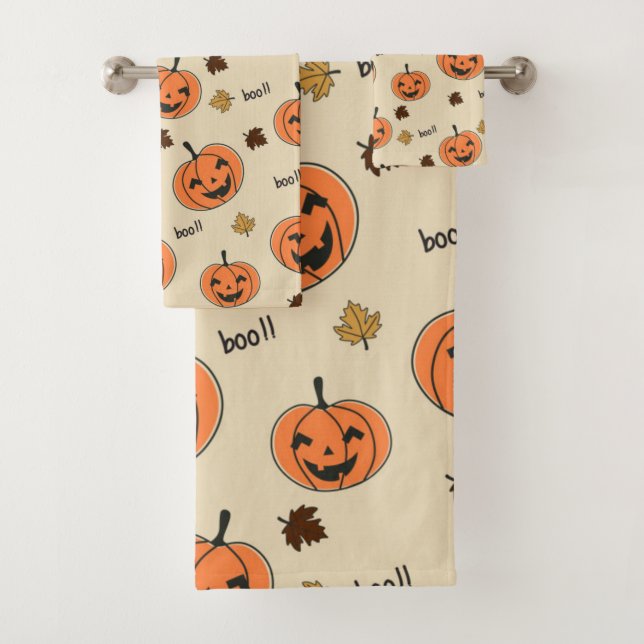 Halloween Pumpkin Seamless Pattern Bath Towel Set (Insitu)