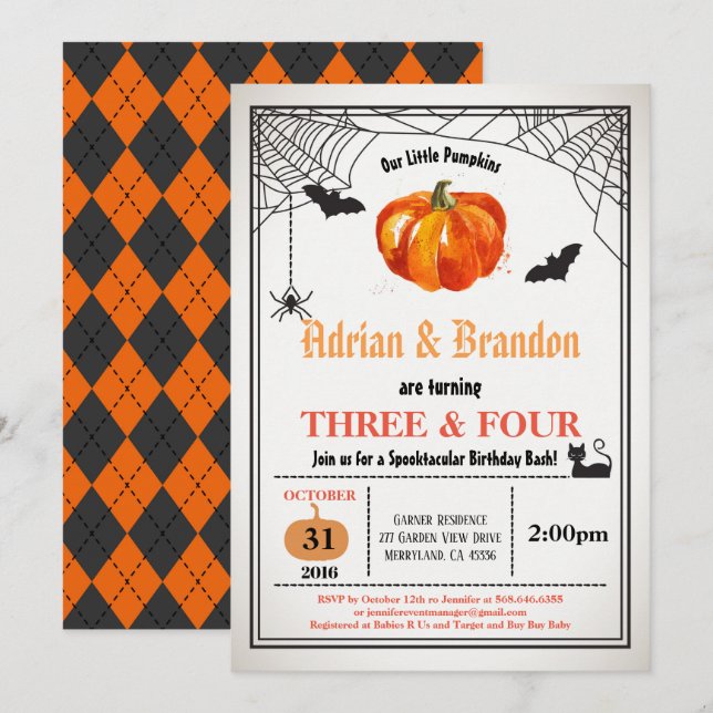 Halloween pumpkin siblings joint birthday party invitation (Front/Back)
