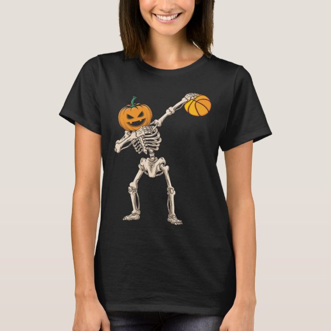 Halloween Pumpkin Skeleton Basketball Dabbing T-Shirt (Front)
