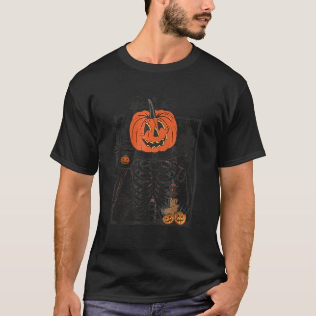 Halloween Pumpkin Skeleton Drinking Coffee T-Shirt (Front)
