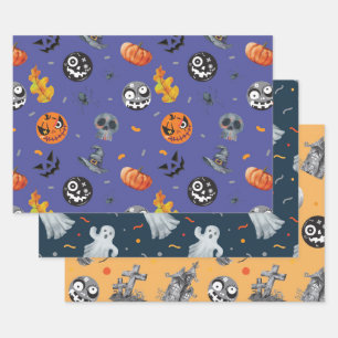 Halloween Pumpkin Skeleton Haunted House Graveyard Wrapping Paper Sheet