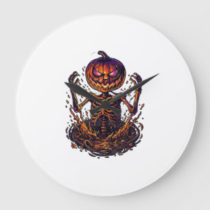 Halloween Pumpkin Skeleton Magic Portal Flames_1 Large Clock
