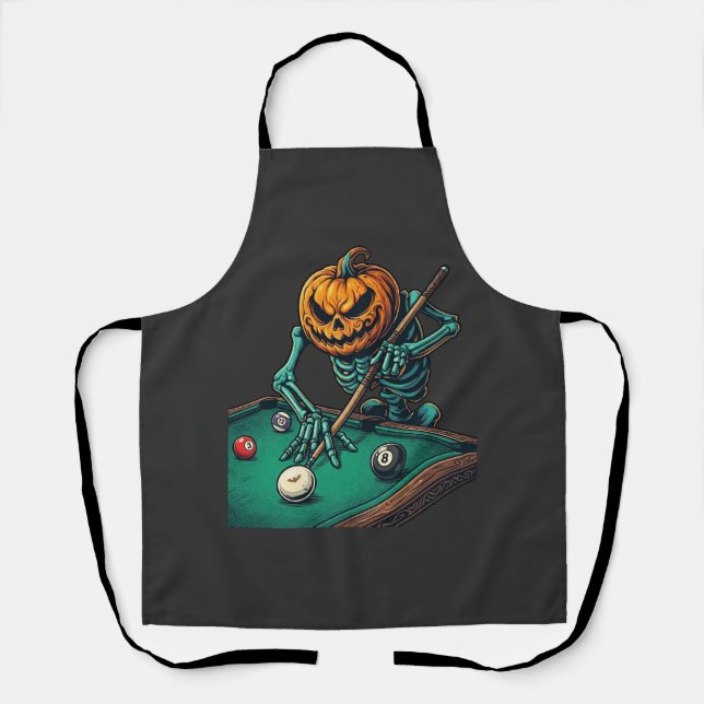 Halloween Pumpkin Skeleton Playing Pool Billiards  Apron (Front)