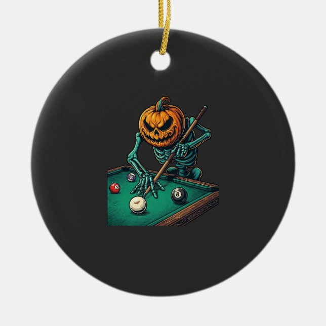 Halloween Pumpkin Skeleton Playing Pool Billiards  Ceramic Tree Decoration (Front)