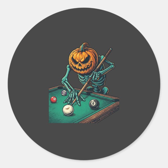 Halloween Pumpkin Skeleton Playing Pool Billiards  Classic Round Sticker (Front)
