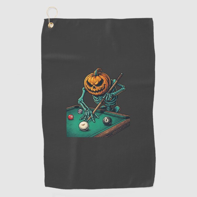 Halloween Pumpkin Skeleton Playing Pool Billiards  Golf Towel (Front)