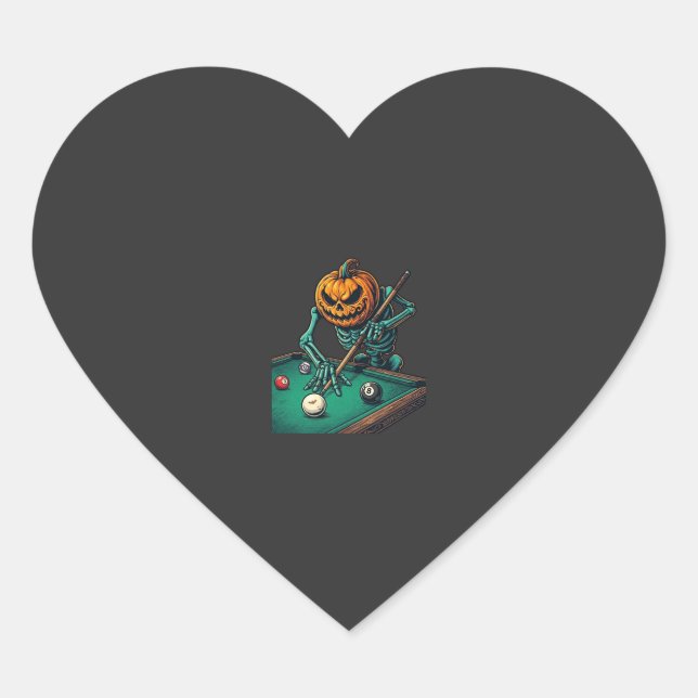 Halloween Pumpkin Skeleton Playing Pool Billiards  Heart Sticker (Front)