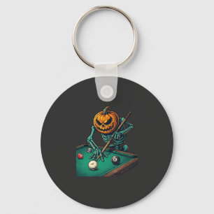 Halloween Pumpkin Skeleton Playing Pool Billiards Key Ring