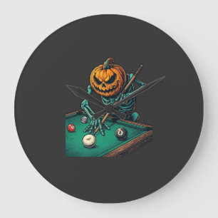Halloween Pumpkin Skeleton Playing Pool Billiards Large Clock